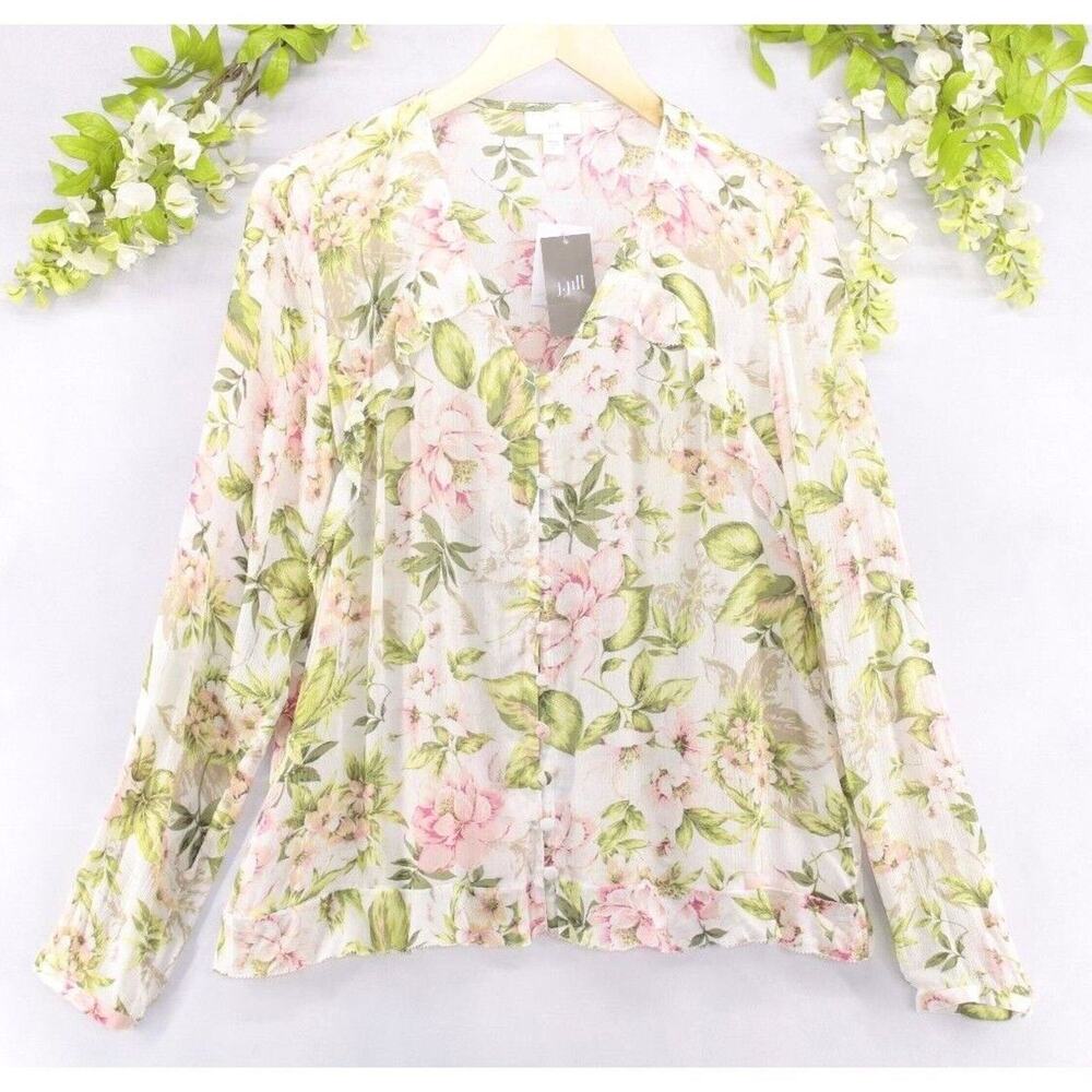J. Jill Women's Button Front Blouse Long Sleeve V Neck Floral Botanical Sz S NWT